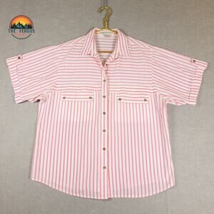 VTG Joan Harper Shirt Spring Pink White Stripe Pockets Yoke Button Women's Sz 14